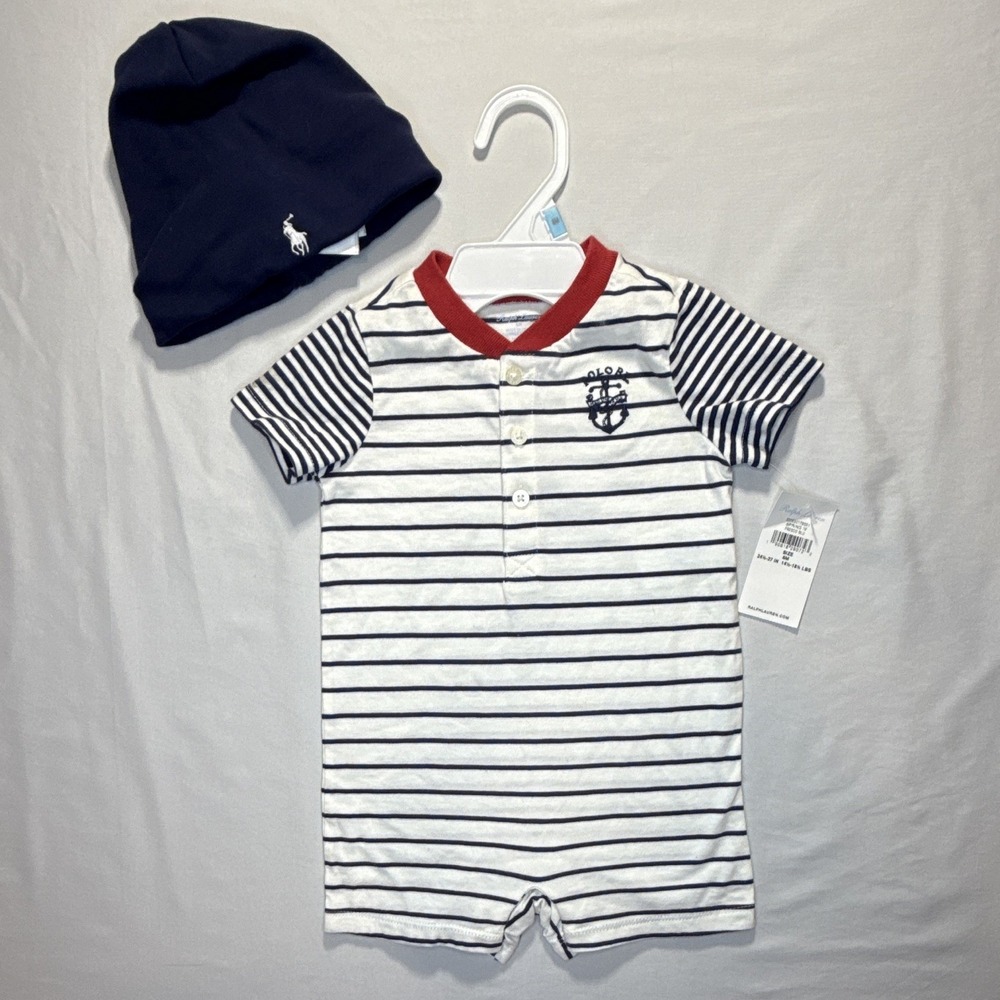 Ralph Lauren Boys Striped Nautical Romper + Hat Set Cotton 6M White/Blue/Red
